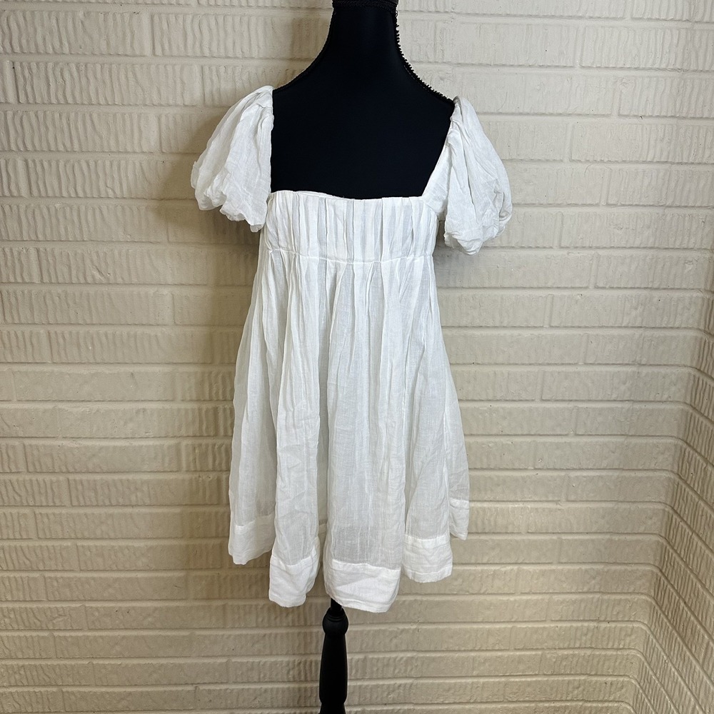 Free People Marina Tie Back Cotton Crinkle Babydoll Dress XS White Puff Sleeve